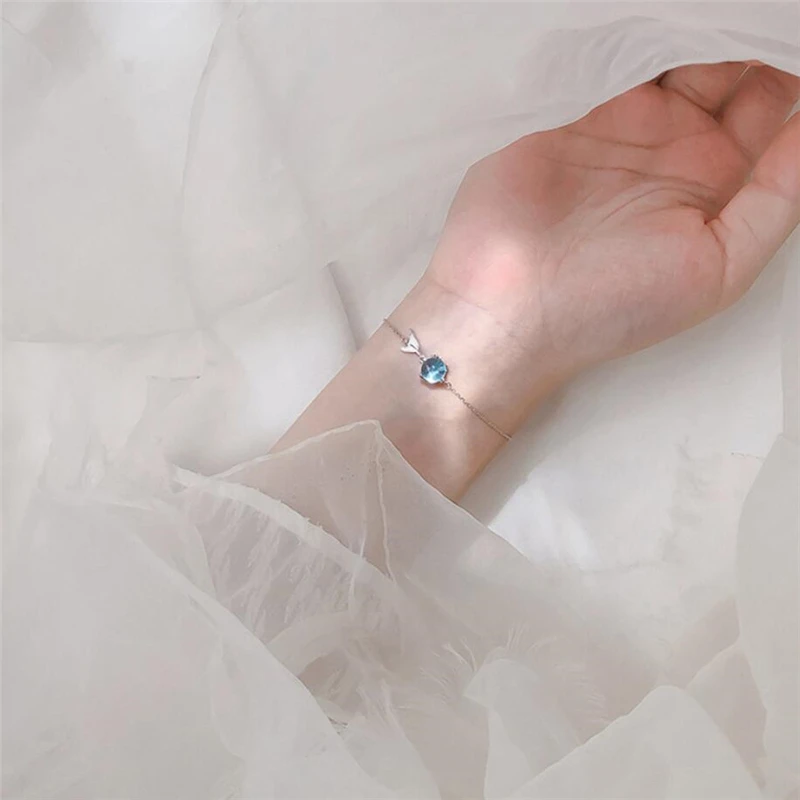 Blue Crystal Mermaid Fishtail Cute Sweet 925 Sterling Silver Female Resizable Bracelets BR252