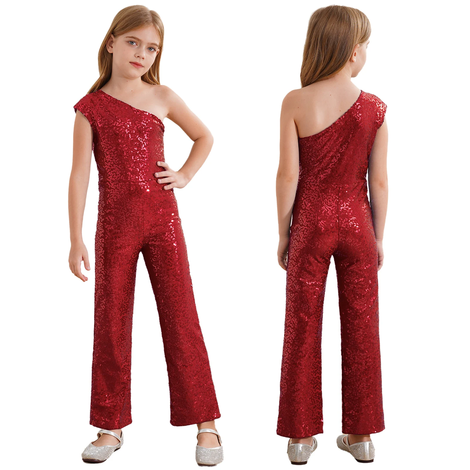 Girls One Shoulder Allover Sequins Jumpsuit Jazz Dancewear Formal Party Romper Playsuit Dance Prom Leotard Long Pants