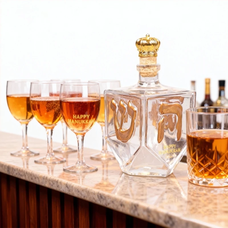  Hanukkah Themed Glass Whiskeys Decanter Gold Raised Hebrew Characters Bottle for Jewish Tradition and Table Centerpiece