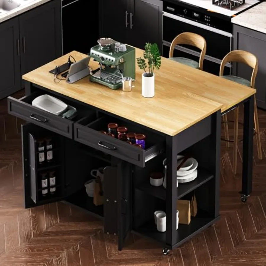 Kitchen Island with Extendable Dining TableRubber Wood Veneer Kitchen Table with Internal Storage Rack Power Outlet and USB Por