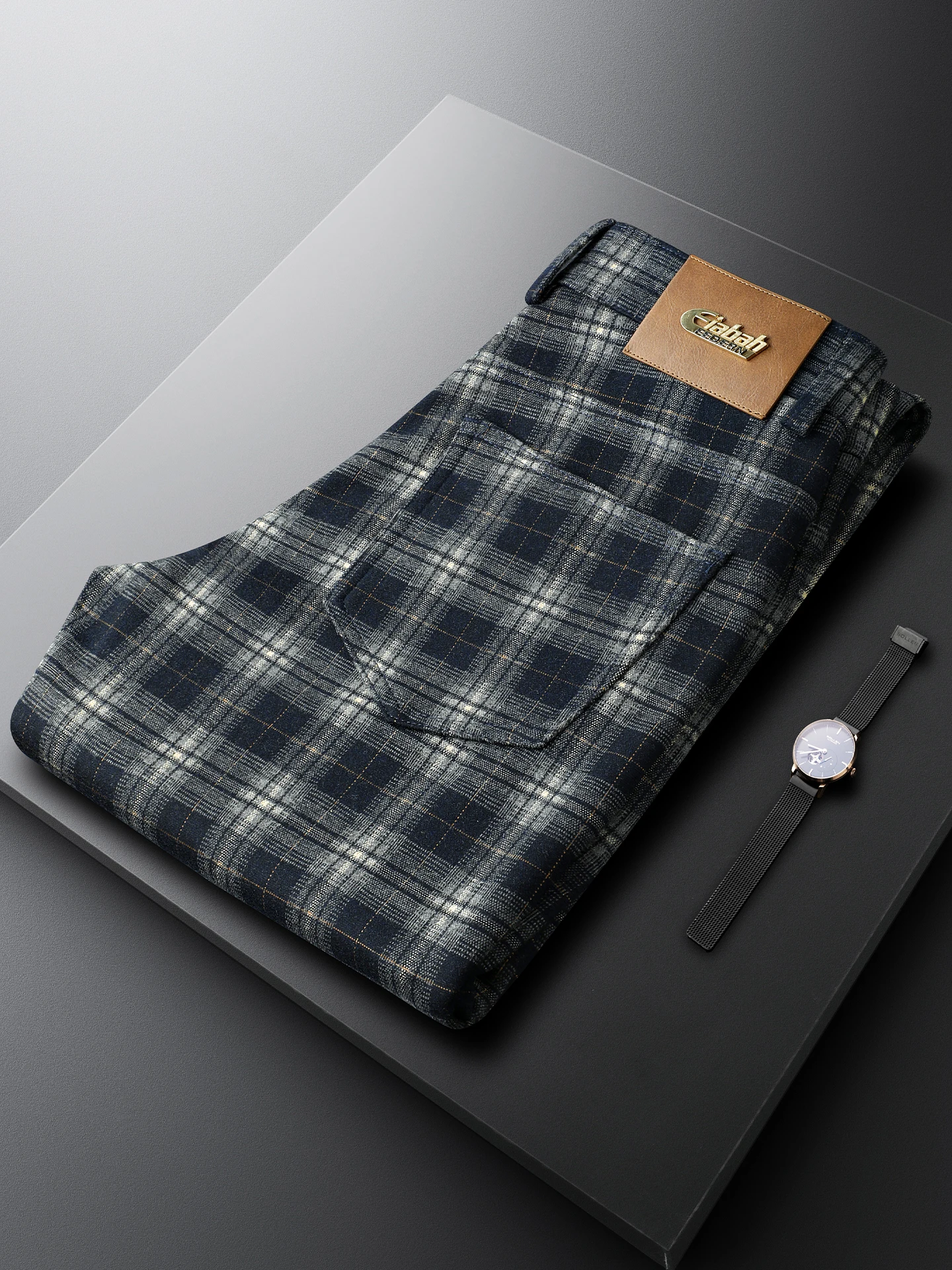 

Мужские прямые брюки Ele Blue Plaid для повседневной носки и деловых встреч, весенние, из эластичного полиэстера, прямого кроя