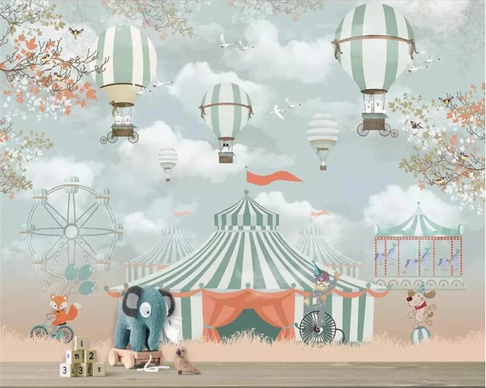 

Customized Photo cartoon 3d mural hot air balloon playground circus animal children room Background decore wallpaper restaurant
