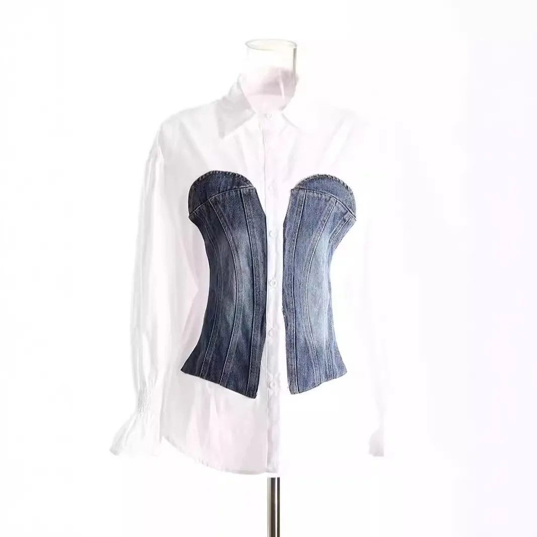 Ladies' niche design fake two-piece shirt 2025 new quality contrasting color splicing denim fake waist cinching slimming shirt