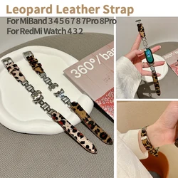 Leopard Leather Strap for Xiaomi Mi Band 8Pro 8 7 6 5 4 7Pro Women Metal Diamond Bracelet for Redmi Watch 4 3 2 Smart Wristbands