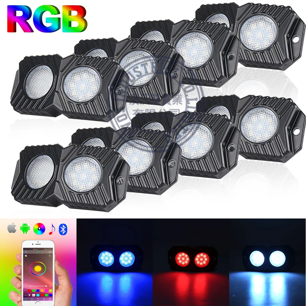 

Hot selling: IP68 Wterproof Underglow Lights 8 Pods RGB LED Rock Lights for Cr Truck SUV
