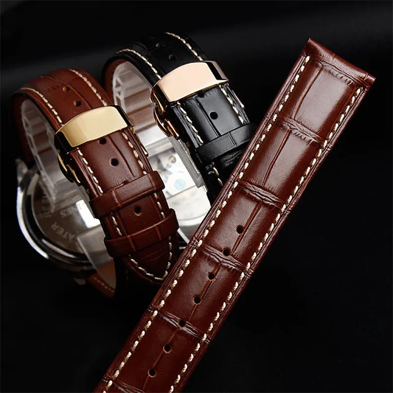 Universal Black Brown Genuine Leather Watchband 19 20 21 22mm Deployment Clasp Calfskin Strap Fit For OMG PATE IW Longin Watch