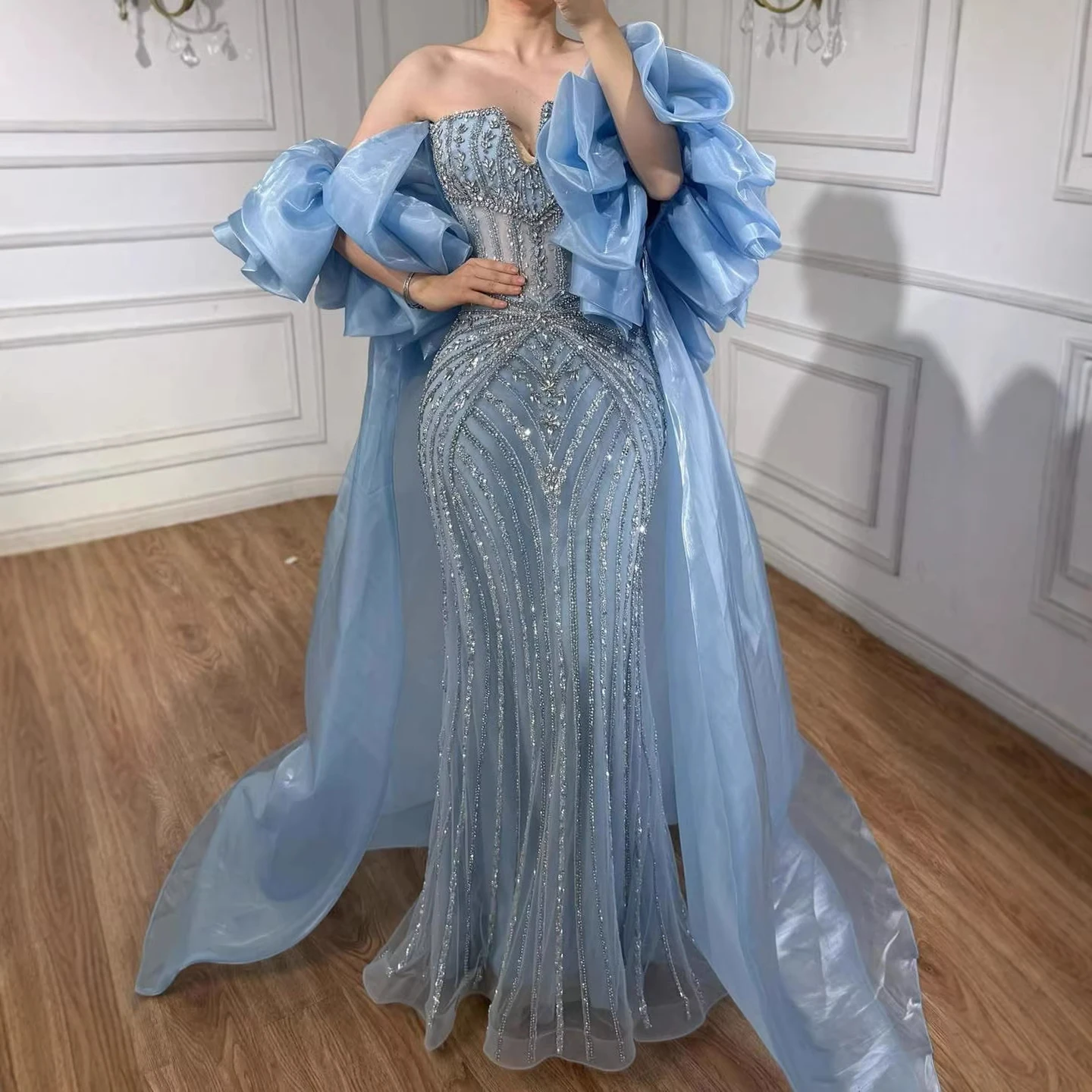 SERENE HILL Luxury Blue Beaded Evening Dress with Ruffle Cape Strapless  Party Gown for Formal Occasion GLA73141 Customized - AliExpress 320