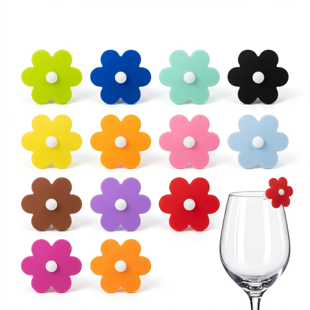 Flower Silicone Wine Glass Markers, Color-Coded Identification Tags for Party, Use for Wine, Beer, Cocktail for Home and Bar