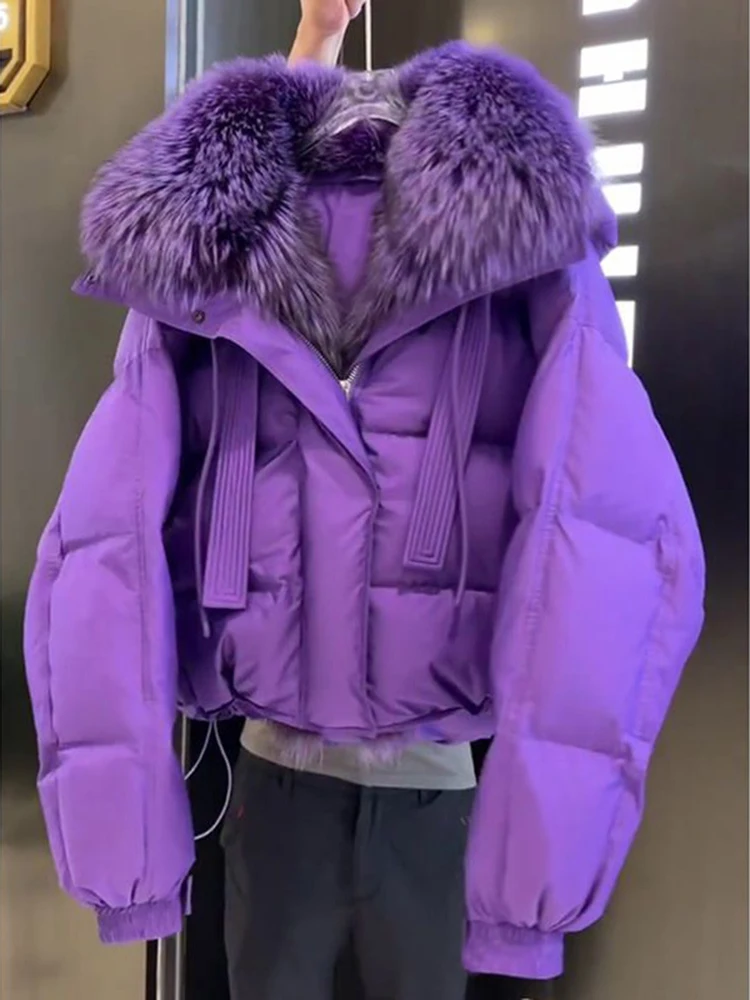 Down Jacket Women\'s Purple Short High-End Thick Warm Loose Windproof High-Grade Fur Collar Cotton-Padded Winter Stand CollarCoat