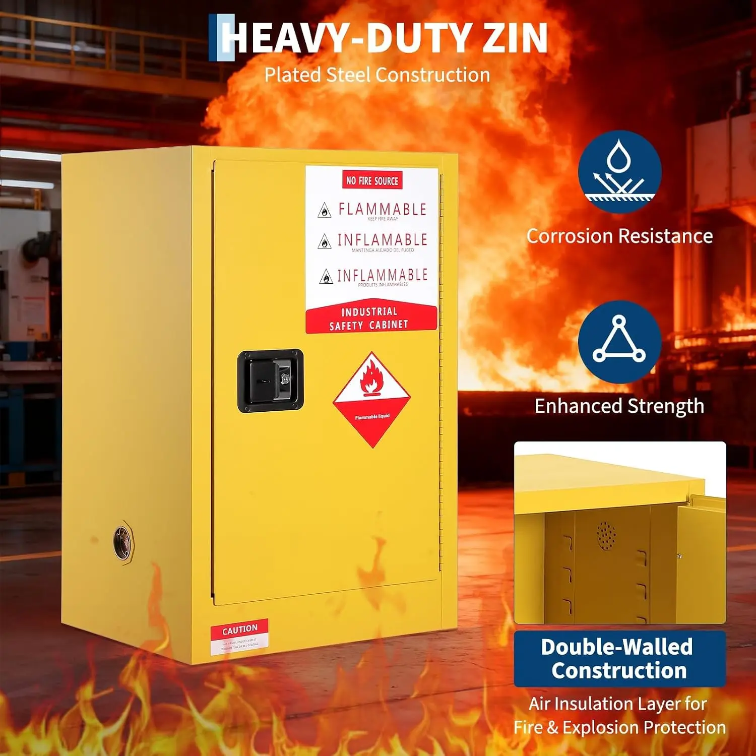 18X18X35Inch Self-Closing Fireproof Storage Cabinet Safety Cabinet Adjustable Shelf Vent Ports Spill Sump and Grounding Connection for Workshop Lab Garage