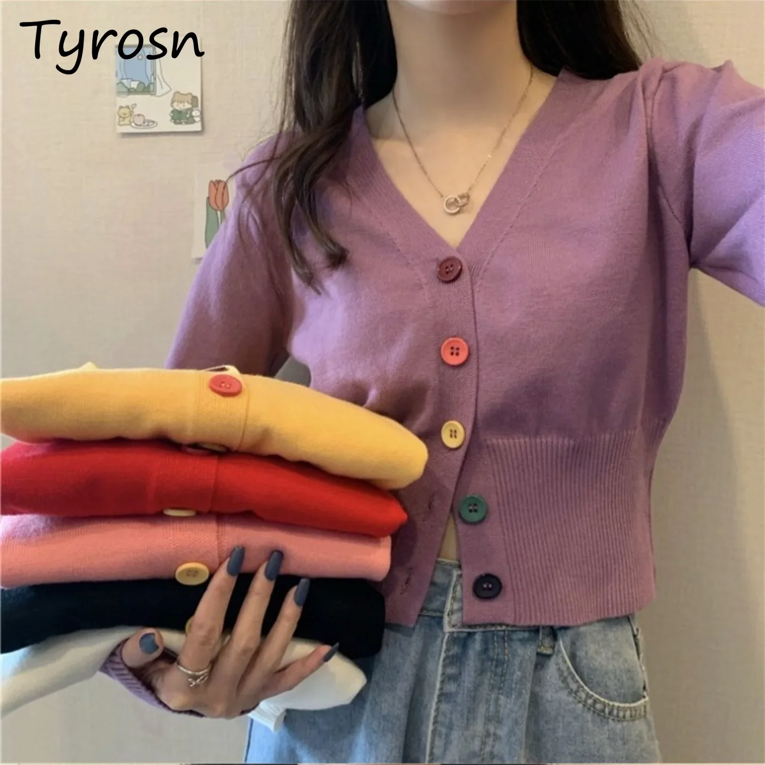 

Cardigans Women Colorful Buttons Slim Knitted Tops Autumn Simple Fashion Sweaters Females All-match Short Korean Style Tender