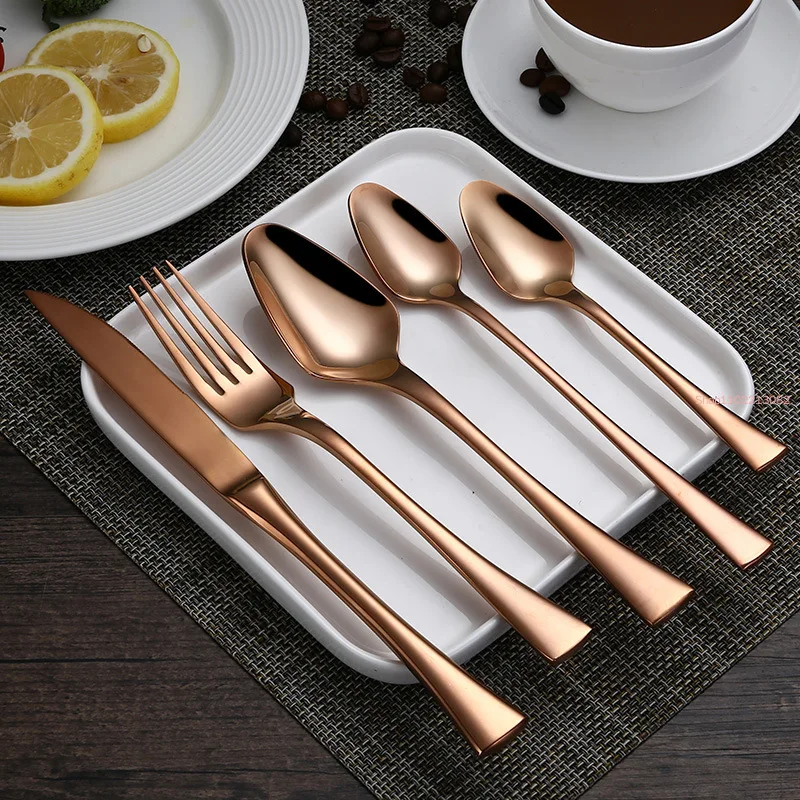 5pcs Set, Golden Stainless Steel Hotel Tableware, Metal Flatware European Dinner Cutlery Knife, Dinning Fork and Spoon Set