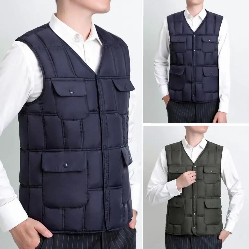 

Men Snap-button Waistcoat Stylish Men's V-neck Waistcoat with Snap-button Design Slim Fit Cotton Vest Multiple Pockets for A