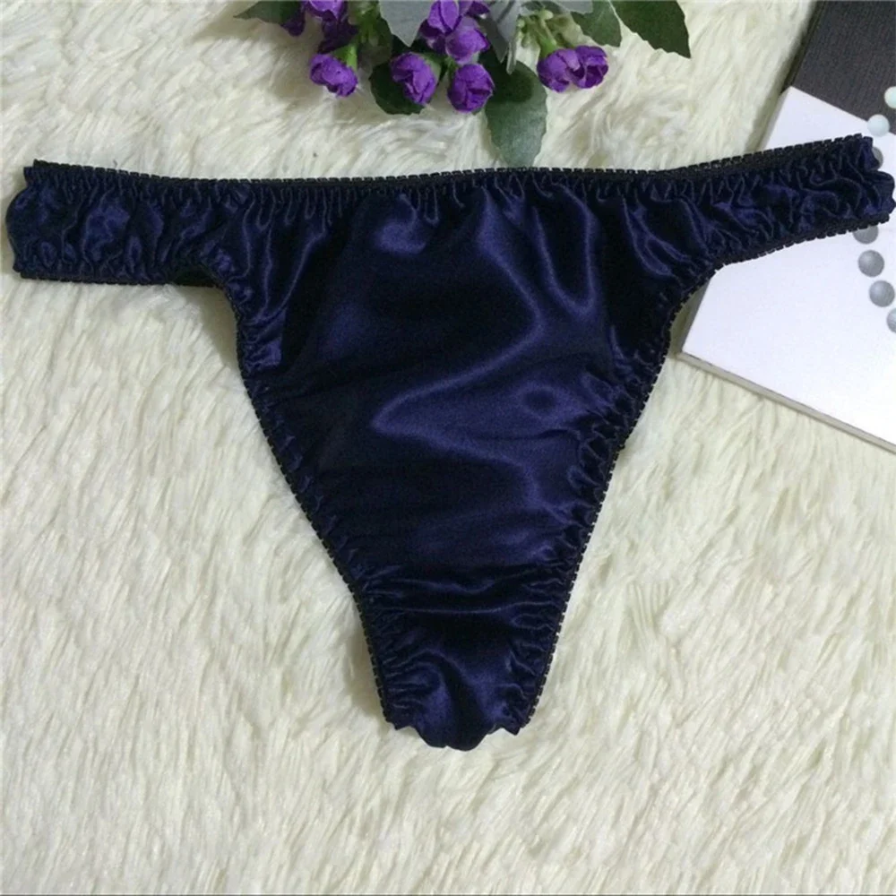 Sexy Men Thongs Silk Satin Underwear Man Bulge Pouch G-strings Soft Smooth Panties Comfortable Underpants Elastic Solid Knickers