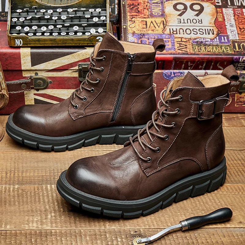 So Cool ! Retro Coffe Color Men's Heightened Motorcycle Work Boots Top Layer Cowhide Leather  Shoes Young Man