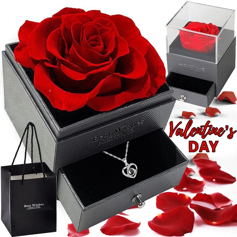 Eternal Rose Flower Gift Box Acrylic Ring Necklace Storage Boxes For Girlfriend Mother Xmas Gift Packaging Display Jewelry Case