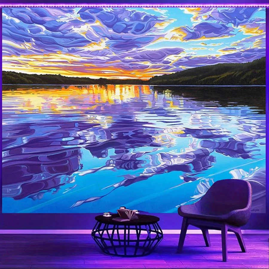 1PC Oil Painting Lake Sunset Print Backdrop Banner, Bedroom Living Room Photo Background, Polyester, Home Decor, Wall Art