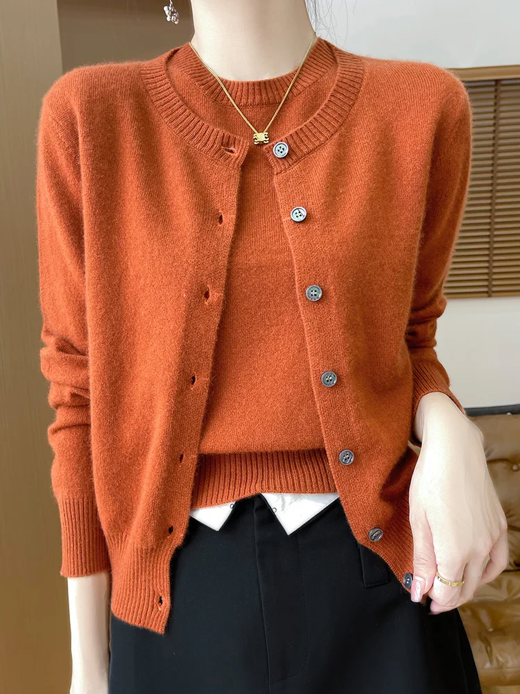 Autumn Winter Women Twin set Sweater 100% Merino Wool O-neck Long Sleeve Cardigan Short Sleeve Pullover Cashmere Knitwear Tops