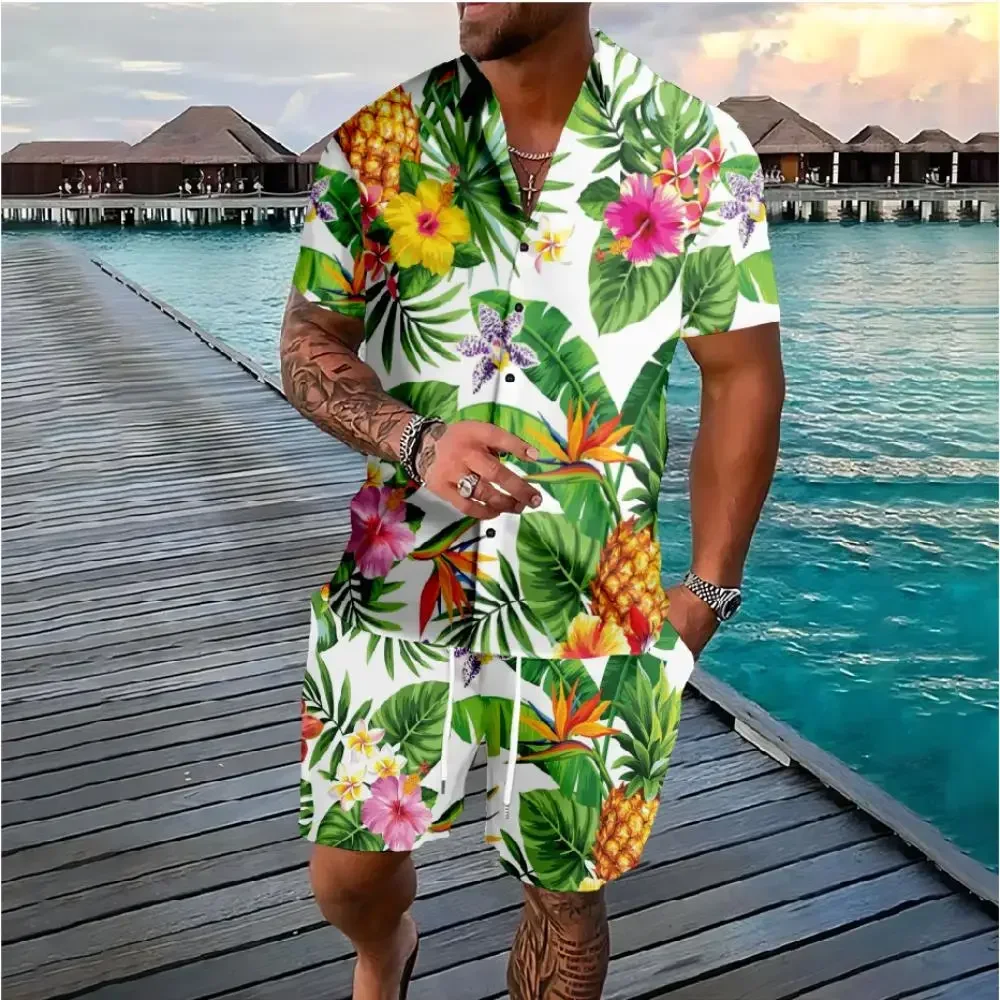 Hawaiian Flamingo Coconut Tree 3d Print Short Sleeve Shirt+Shorts 2Pcs Set Casual Beachwear Vacation 2 Piece Suits Men Clothing