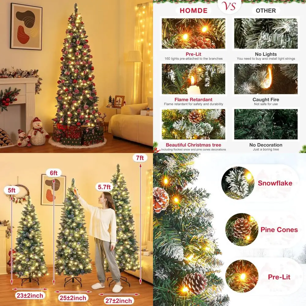 

Рождественская елка из снежной сосны с предварительной подсветкой, 5 футов, 140 теплых белых огней и сосновыми шишками