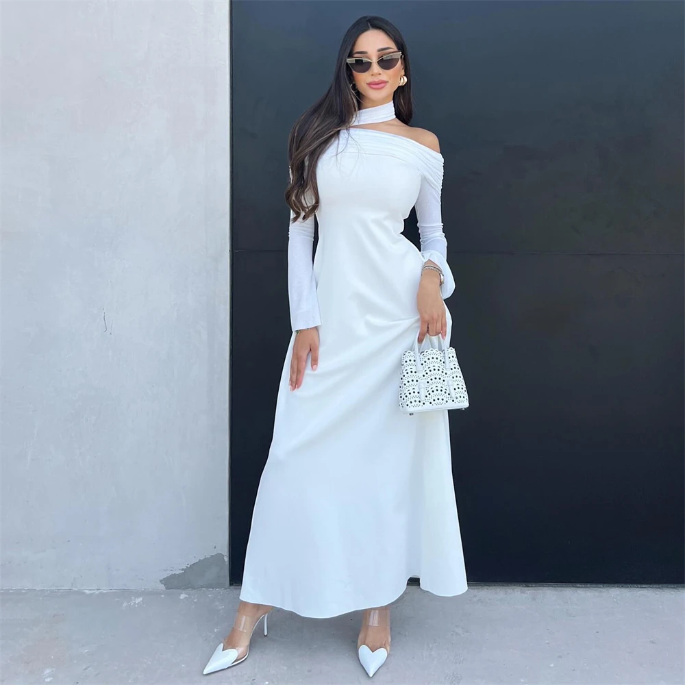 

Tarot Simple Long Sleeves A Line Prom Dresses Crepe Off Shoulder Saudi Pageant Dress Ankle Length Evening Gowns robes de soirée