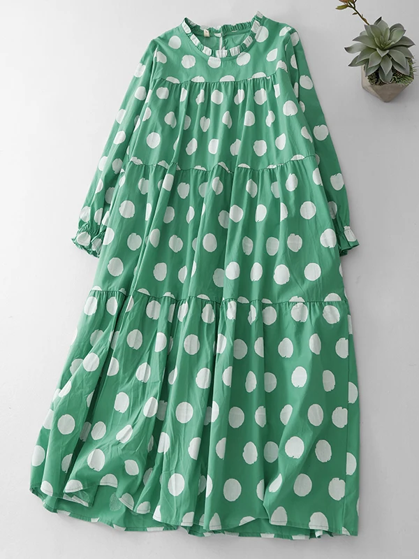 Retro Polka Dot Print Cotton Linen Long Dress Women's Summer round Neck Pleated Loose Slim A-Line Skirt Fashionable Commute
