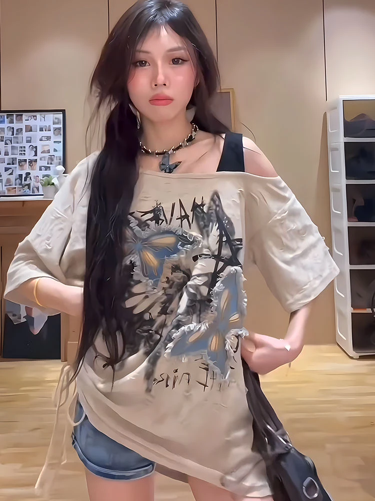 Y2k Aesthetic Butterfly Tassels T-shirts Harajuku Oversized Skew Collar Off Shoulder Tops Women Streetwear Grunge Casual Tees