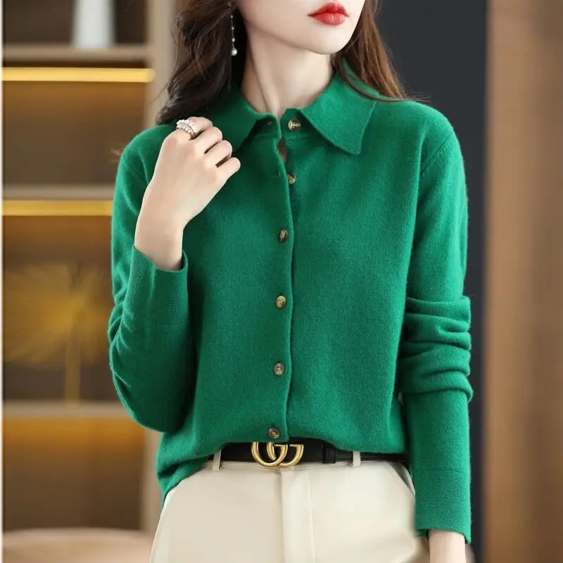 Women Overlay with Long Sleeved Sweater 2024 Spring Autumn New Temperament Lapel Fashion All-match Cardigan Office Lady Tops