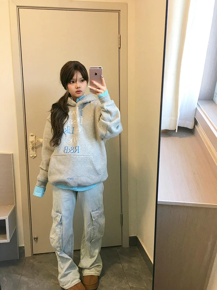 ey Oversize Hoodie Women's Spring Letter Print Loose Outerwear Chic Lazy American Sle Long Sve Commute Length Regular Fit