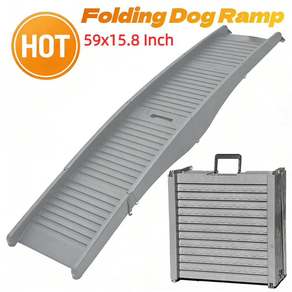 

Folding Pet Ramp 59x15.8Inch Dog Stair Ramp Non-Slip Grooved Surface Heavy-Duty PP Material with Handle for Car Bed Sofa