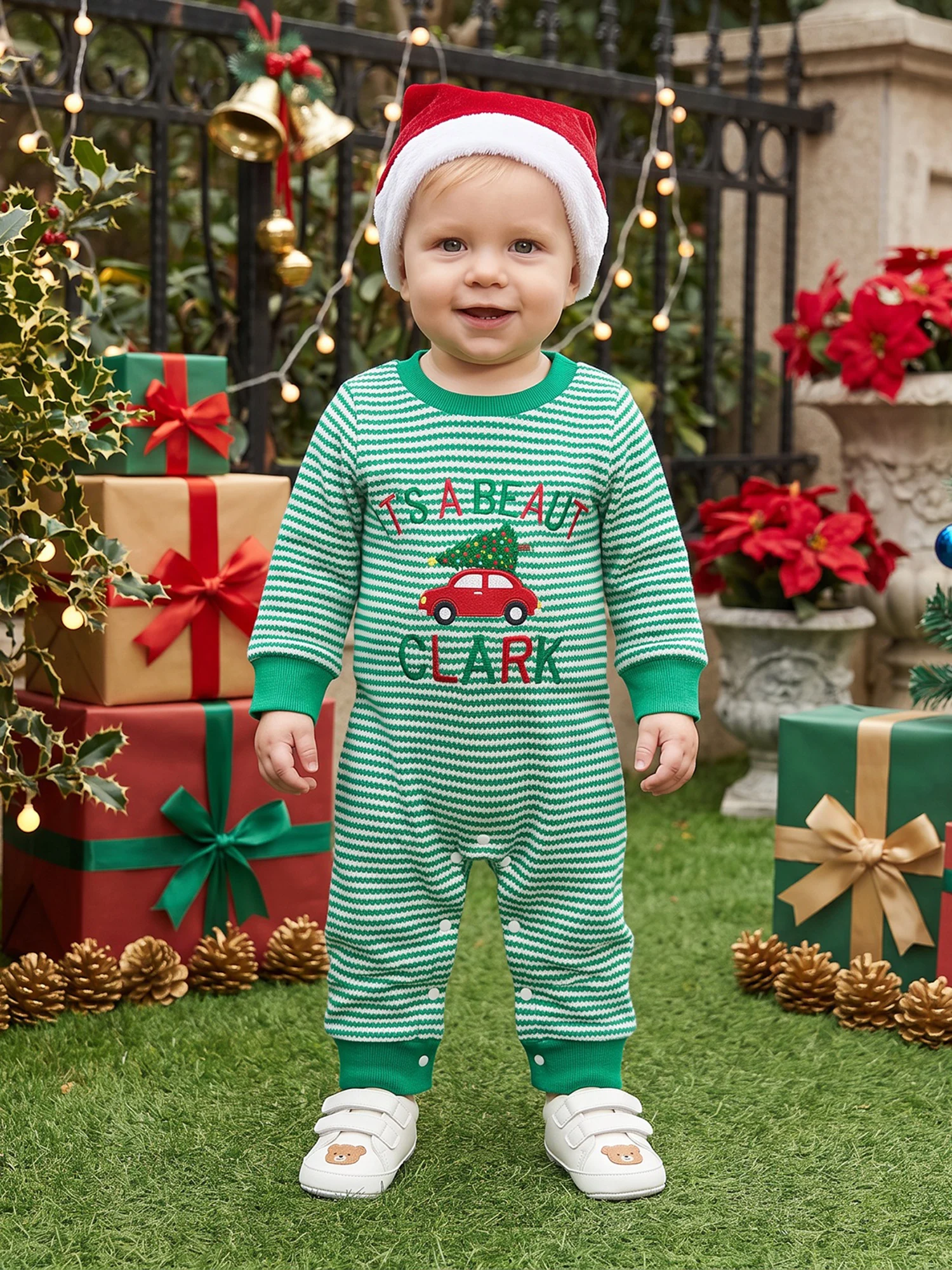 Outfit Boy-Christmas Infant Boy Christmas Sleeve Romper Waffle Knit Long -Santa-Hat Knit Sleeve Compact