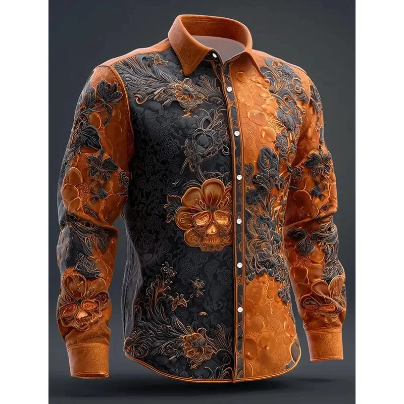 Kemeja Lengan Panjang Pria Motif Bunga Hari Orang Mati dengan Tengkorak Kemeja Musim Gugur Streetwear Kasual Nyaman Poliester Slim Fit