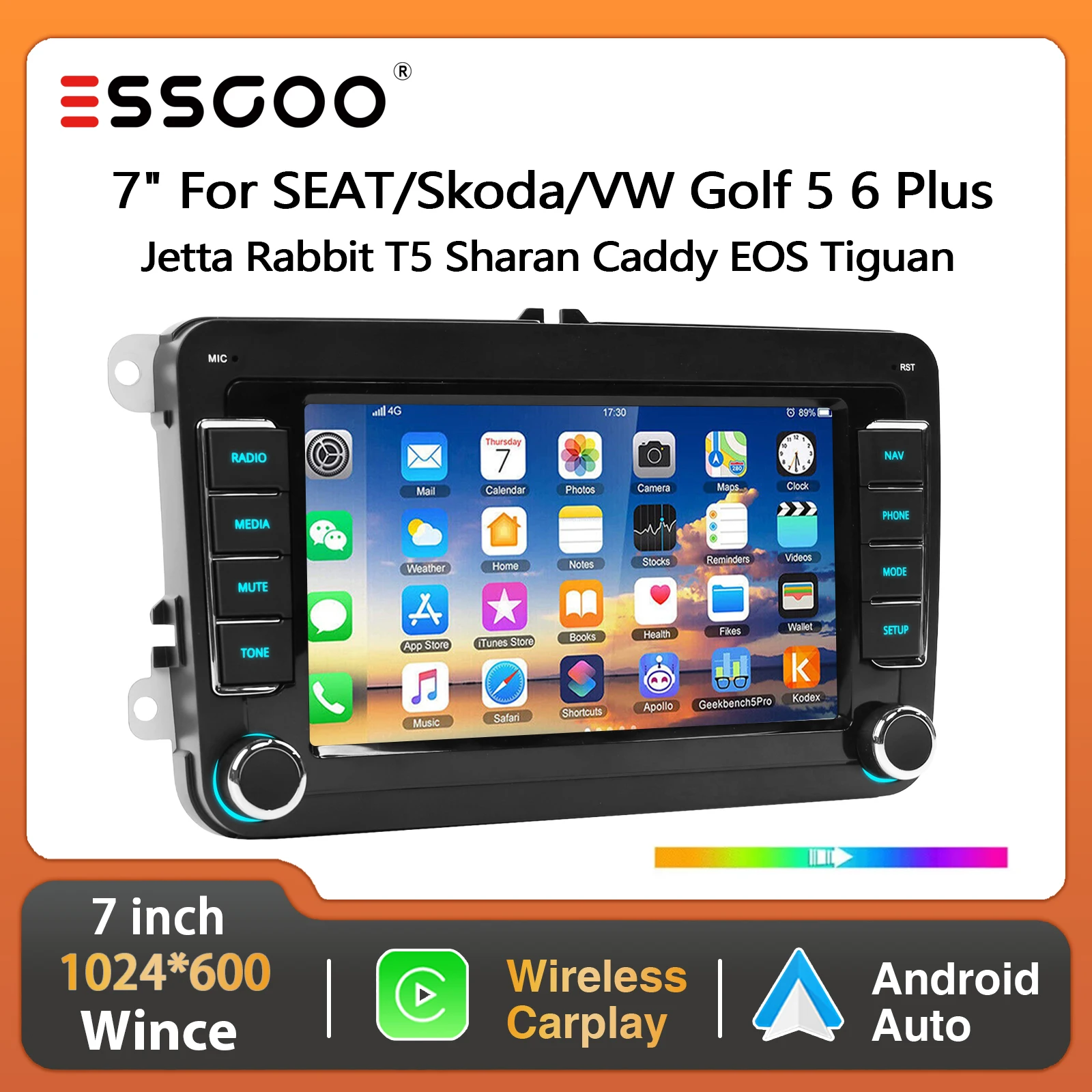 ESSGOO 7" Wince Autoradio Kabelloses Carplay Android Auto Für VW Golf 5 6 Plus Touran Caddy Passat B6 B7 Mirror Link AM FM Bluetooth