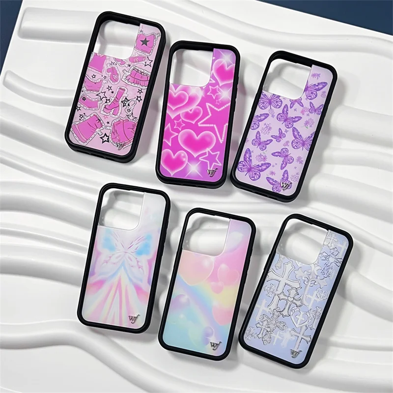 

Wildflower Luxury Girls bow high heels Phone Case for iPhone 17 16 15 14 13 12 Pro Max Plus Rainbow Cute Cartoon Butterfly Cover