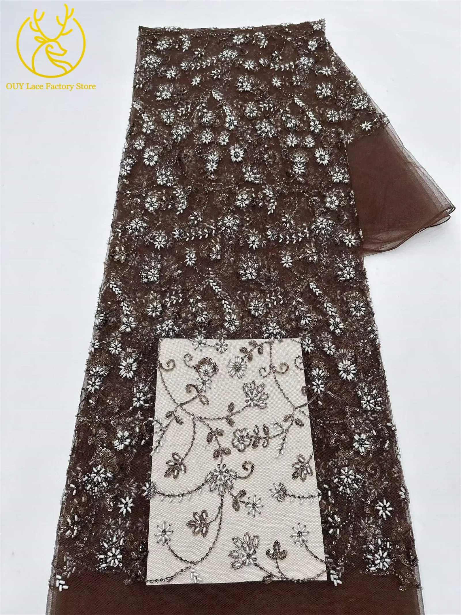 Königsblauer luxuriöser handgefertigter Perlen-Spitzenstoff, 5 Yards, hochwertiger französischer Tüll-Pailletten-Spitzenstoff für Party- und Hochzeitskleider – Detail 13