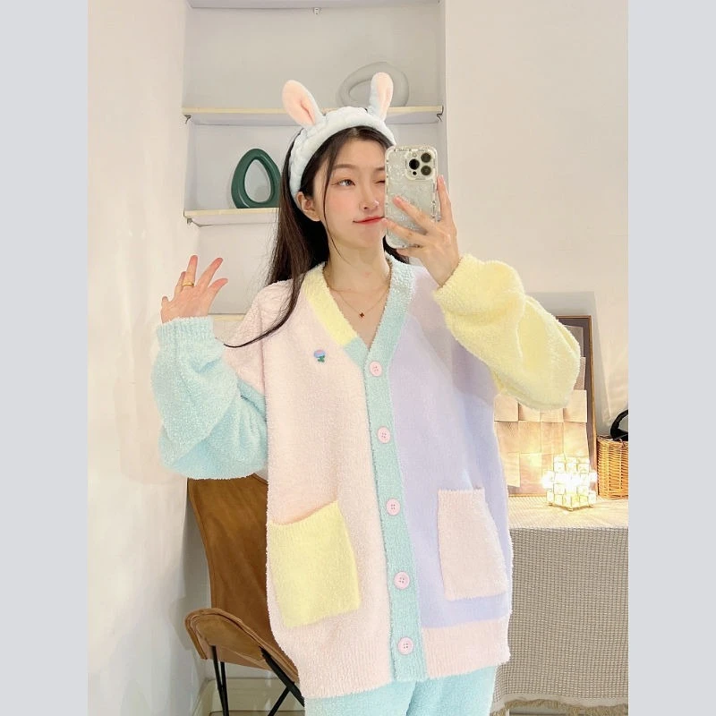 

Flagship Edition Pajamas Female Autumn and Winter Coral Fleece Thickening Type Winter Pupil Can Be Worn Outside Loungewear