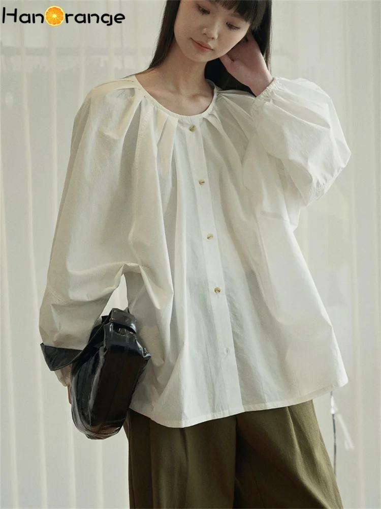 

HanOrange 2024 Spring Lazy Simple Lantern Sleeves O-Neck Shirt Women Loose Silhouette Casual Top Female White/Brown