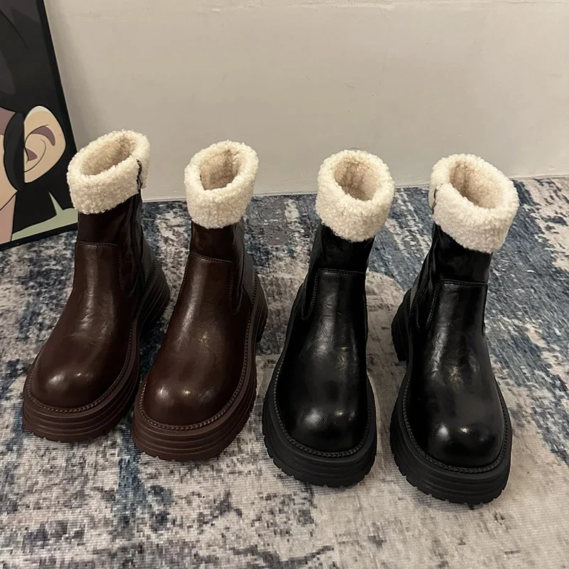 Botas de tobillo de felpa cálidas con plataforma para mujer, botines cortos a la moda, zapatos de algodón de tacón grueso conciso para mujer