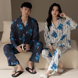 Stitch couple pajamas ice silk long sleeves autumn casual women's pajamas two-piece set Disney loungewear set silk pajamas women