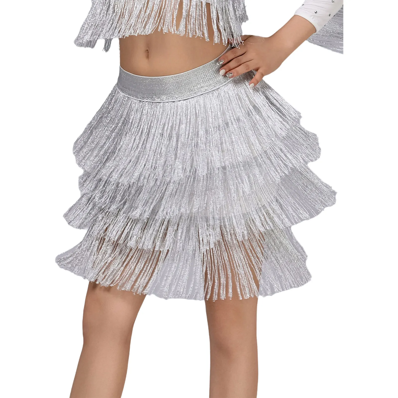 المرأة شرابة اللاتينية التانغو تنورة رقص لامعة مطاطا حزام المتدرج هامش سوينغ تنورة ل تشاتشا رومبا السامبا ملابس رقص