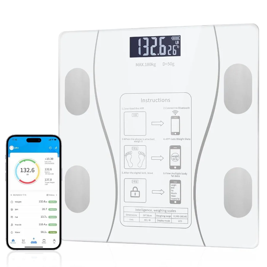 

Bluetooth Smart Scale with Health App Integration for Home Use: Stylish LED Display Wireless Weight Scale with Body Fat and Hea