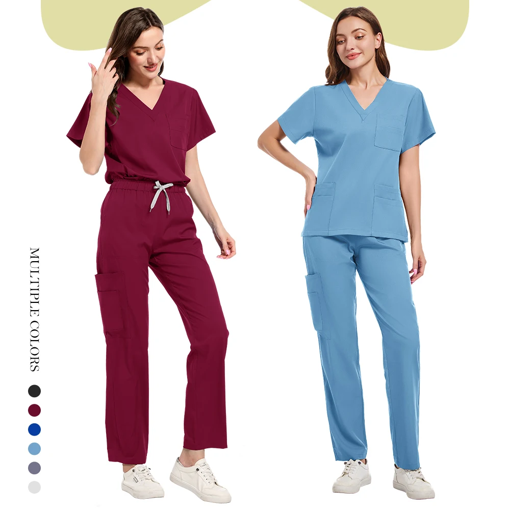 Set bedah seragam Scrub Rumah Sakit Wanita setelan uniseks warna Solid gaun bedah saku V-neck setelan Jogger harga grosir