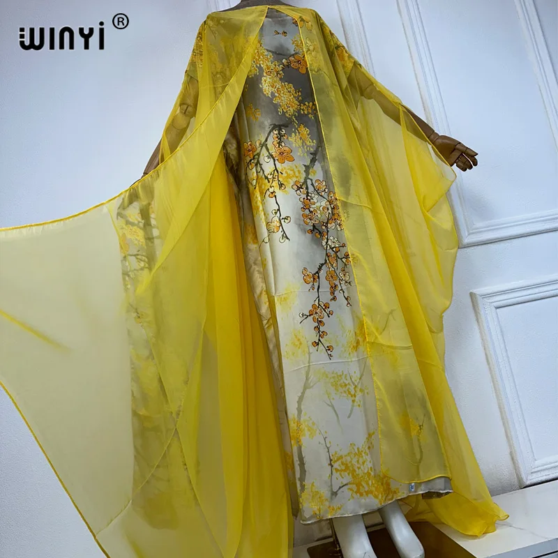 WINYI-Vestido de festa estampado de duas camadas feminino com cinto, vestido maxi longo, luxo, Kaftan feminino, Dubai, Abaya, verão