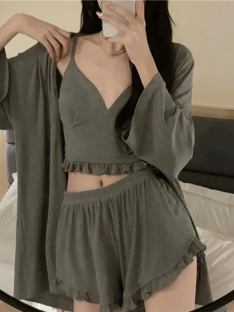 

Pajama Set Woman 3 Pieces Sexy Suspenders Loose Shorts Sleepwear Women'S Spring And Summer New Japanese Long-Sleeve Nightgown