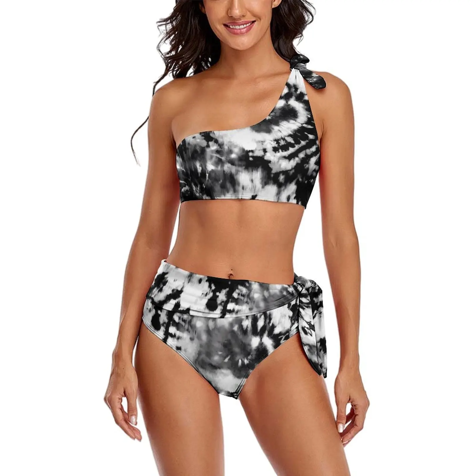 

Sexy White Black Tie Dye Bikinis Set Abstract Art Cute Bikini Swimsuit One Shoulder Swimwear Beach Printed Feminine Bikinis