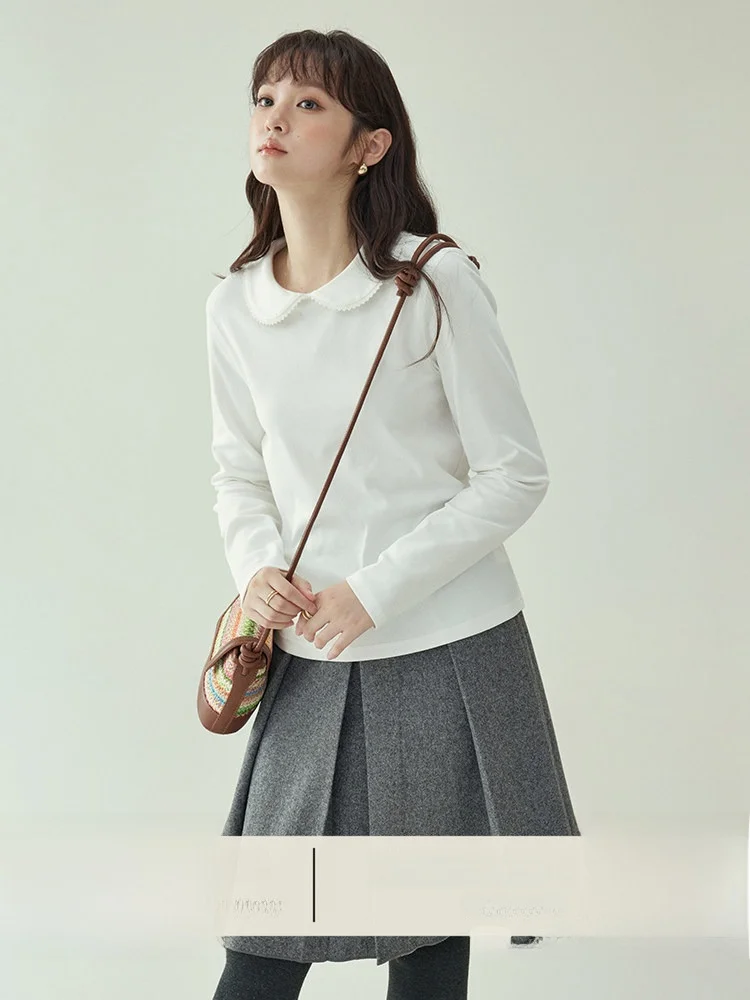 

AMUU Original White Doll Collar Long Sve T-irt Women's Autumn Slim Fit Base Layer Top French Sle Cotton Polyester Blend