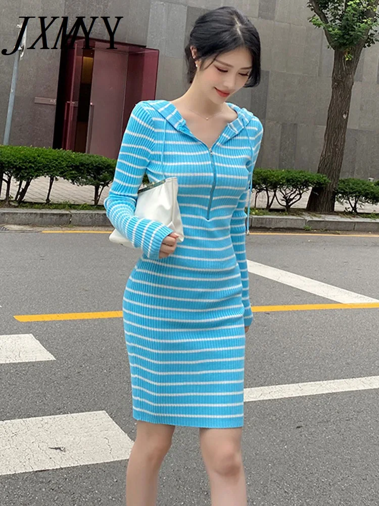 JXMYY Spring and Autumn Fashion New Product Simple Hooded Zipper Slim Fit Long Sleeved Striped Knitted Hip Hugging Dress