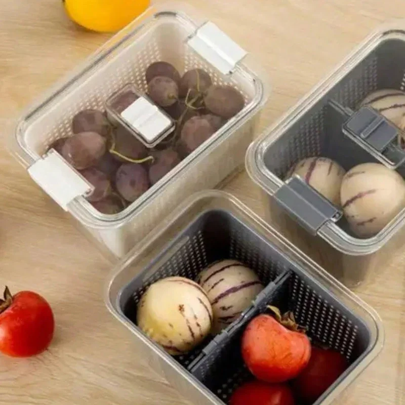Doublelayer Refrigerator Storage Box Fruit and Vegetable Drain Basket Fresh-keeping Box with Lid storage container kitchen tools