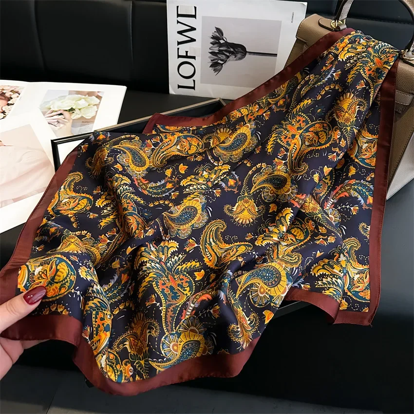 

2025 New Paisley Print Square Scarf Soft Satin Bandana Vintage Windproof Head Wrap Shawl Silk Travel Beach Towel