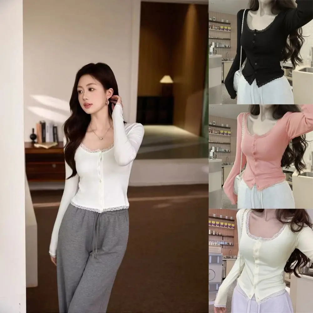 

Solid Color Women Lace Trim T-shirt Short Style Slimming Fit Long Sleeve T-shirt Pure Desire Korean Version Slim Fit Cardigan